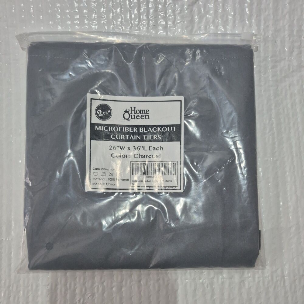 Home Queen Charcoal Rod Pocket Microfiber Blackout Curtain Tiers 26W"x36L" 2 Pcs